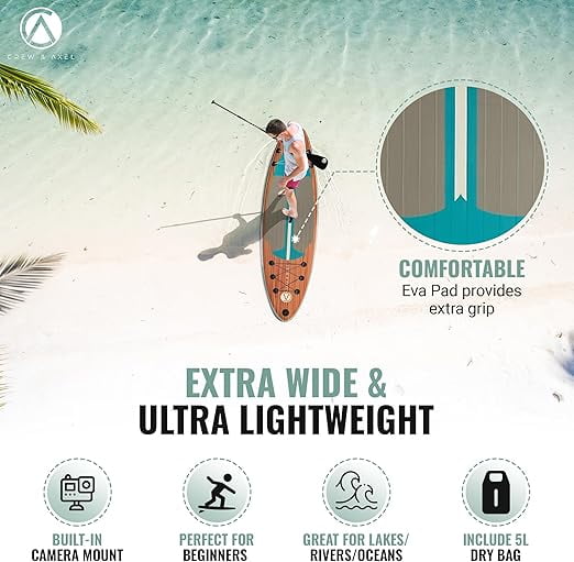 Crew & Axel Inflatable Paddle Board SUP 10FT (6.2” Thick) Non Slip Stand up Paddleboard Set W/Backpack (Light Wood)