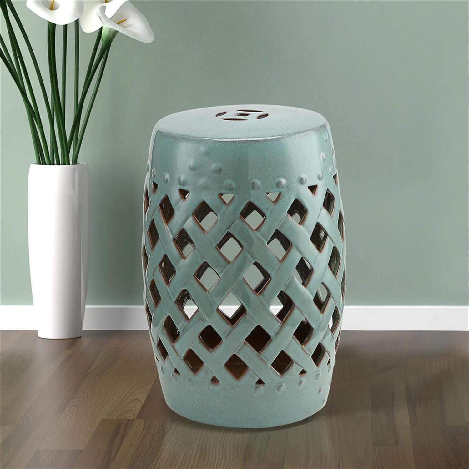Demi Bonn 13" x 18" Ceramic Garden Stool with Woven Lattice Design & Glazed Strong Materials Decorative End Table for Backyard, Lawn, Balcony, Porch, Bronze