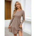 thumbnail image 4 of Womens Long Sleeve Fall Short Dress Casual Ribbed Knit Crewneck Flowy A Line Sweater Dresses with Pockets Brown L, 4 of 10