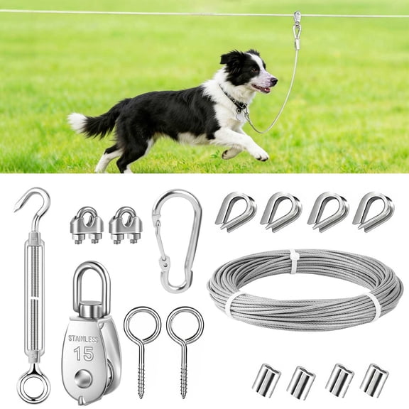 Dog Tie Out Cable, TSV 50ft Dog Trolley Runner Cable for Dogs up to 110lbs, Pet Lead for Yard Camping Outdoor