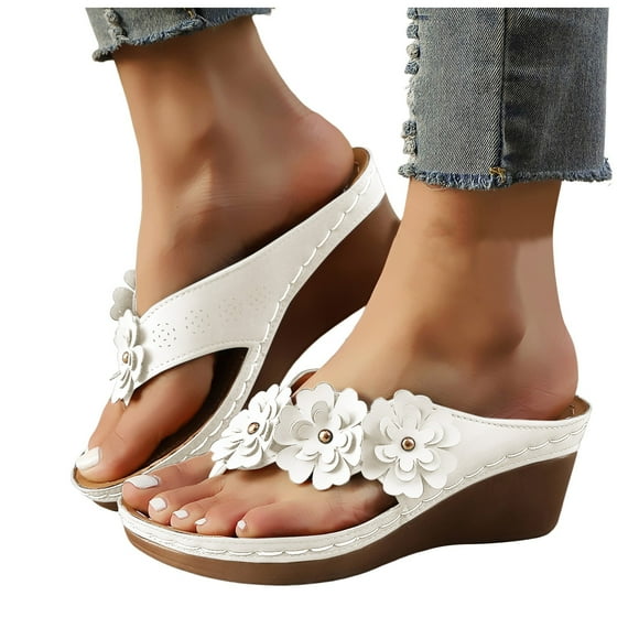 Women's Orthopedic Wedge Sandals Fashion Flower Leather High Heels Flip Flops Dress Slippers Beach Slides