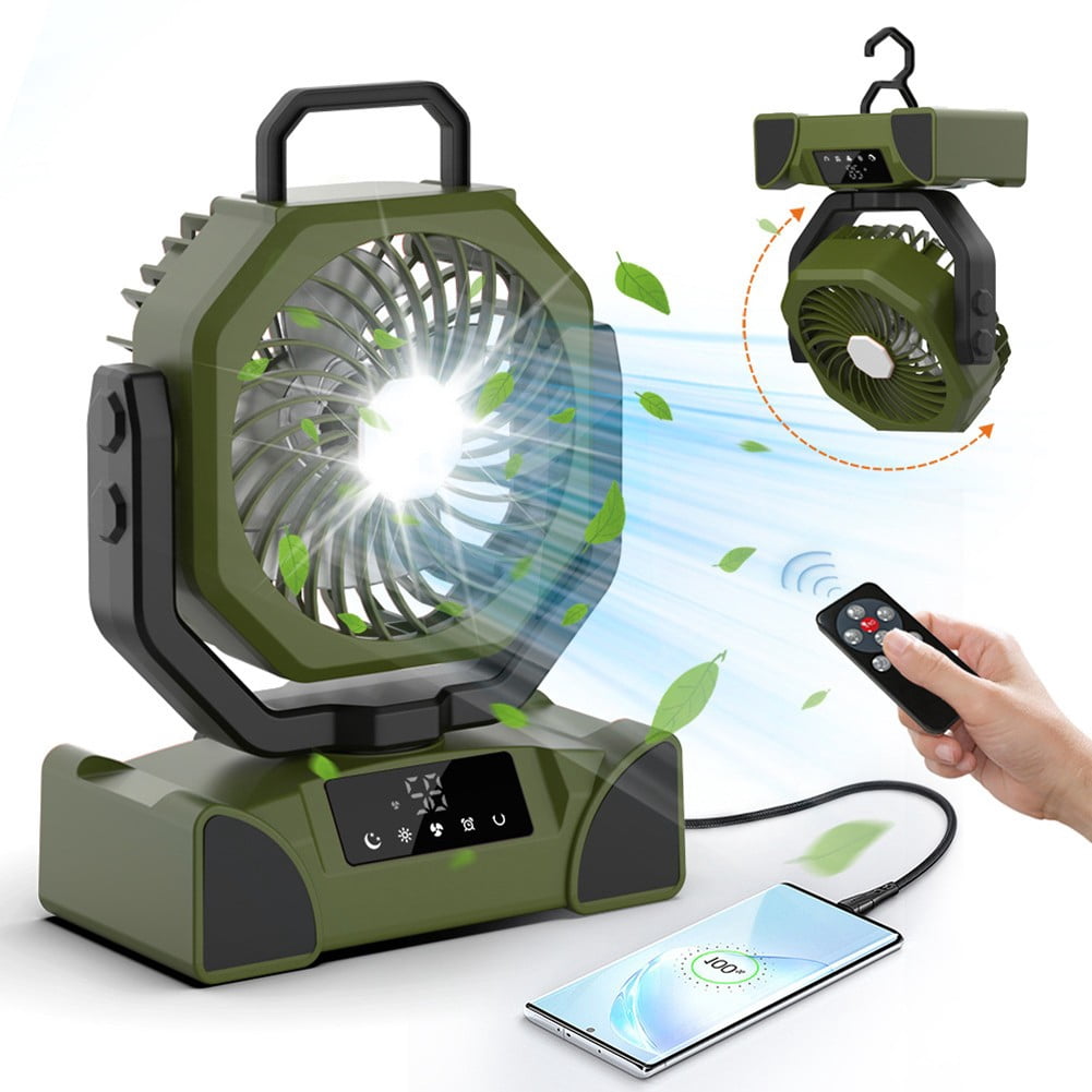 DAMIFU 20000mAh Operated Fan Portable Rechargeable Desk Camping Fan LED Light Hook Black 1000mAh