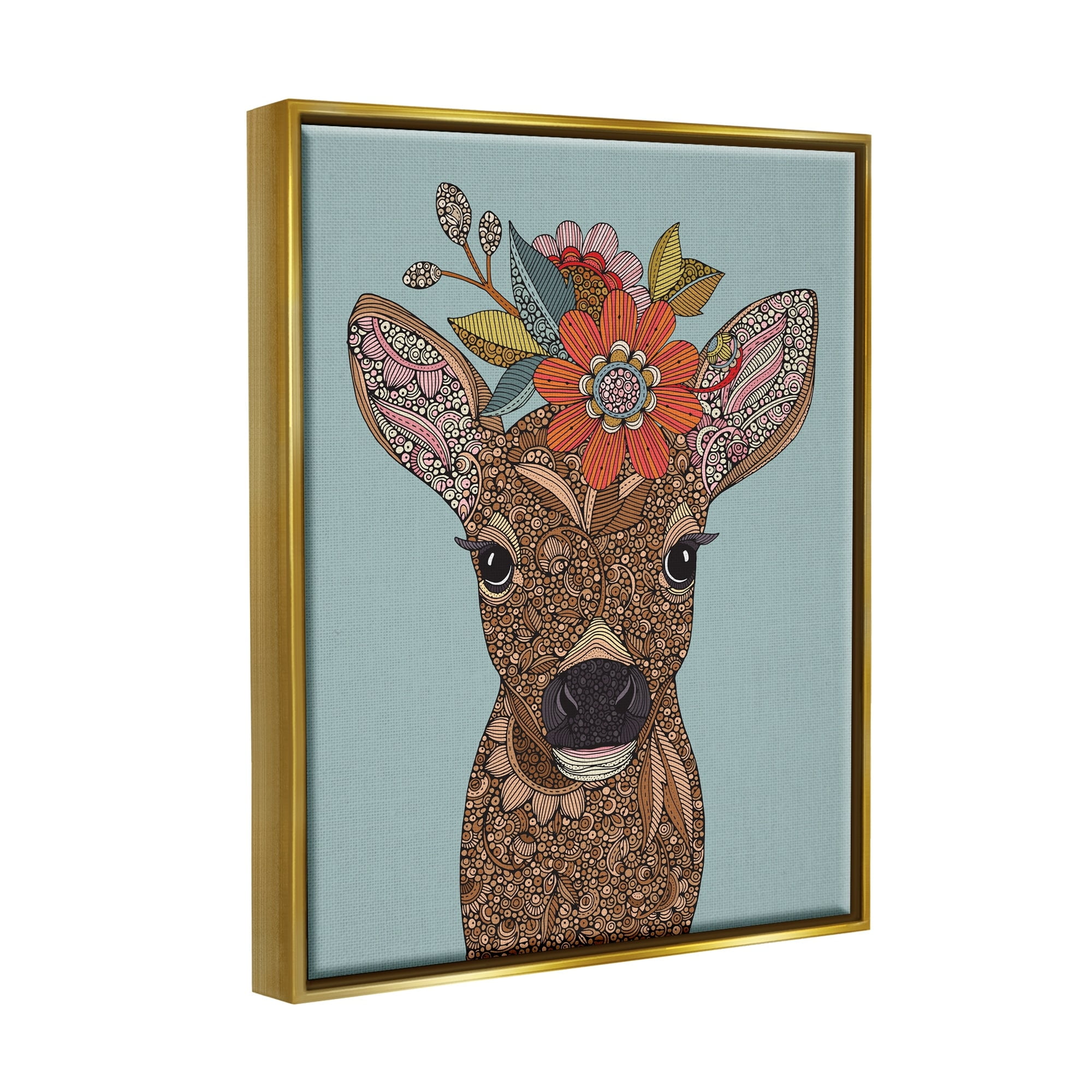 Stupell Industries Baby Deer Fawn Flower Crown Intricate Paisley Designs Graphic Art Metallic Gold Floating Framed Canvas Print Wall Art, Design by Valentina Harper