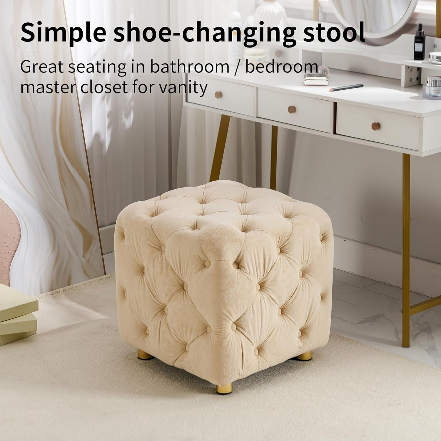 LEHZROAJ Button Tufted Velvet Vanity Stool with Metal Legs, Modern Makeup Ottoman, Upholstered Foot Rest Footstool for Living Room Bedroom （Beige）