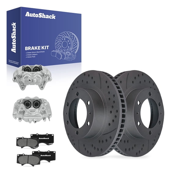 AutoShack Front Vented Drilled & Slotted Coated Brake Rotors Black Matte Finish   Ceramic Pads   Calipers 8-PC Brake Kit Replacement for 2005-2023 Toyota Tacoma BlackShield 12.55" (318.7 mm)
