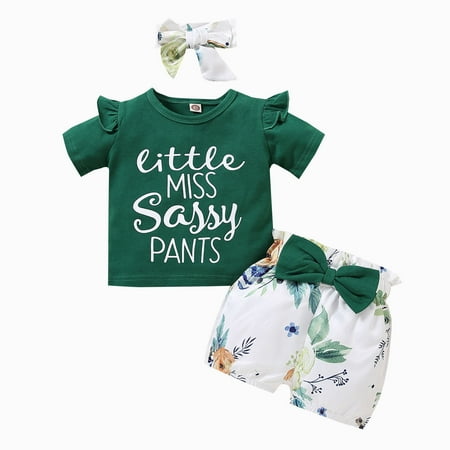 

QWERTYU Toddler Baby Child Girl Boy 3PCS Bow Tops and Floral Shorts Set Clothing Set Ruffle Outfit Short Sleeve Summer with Headband Green