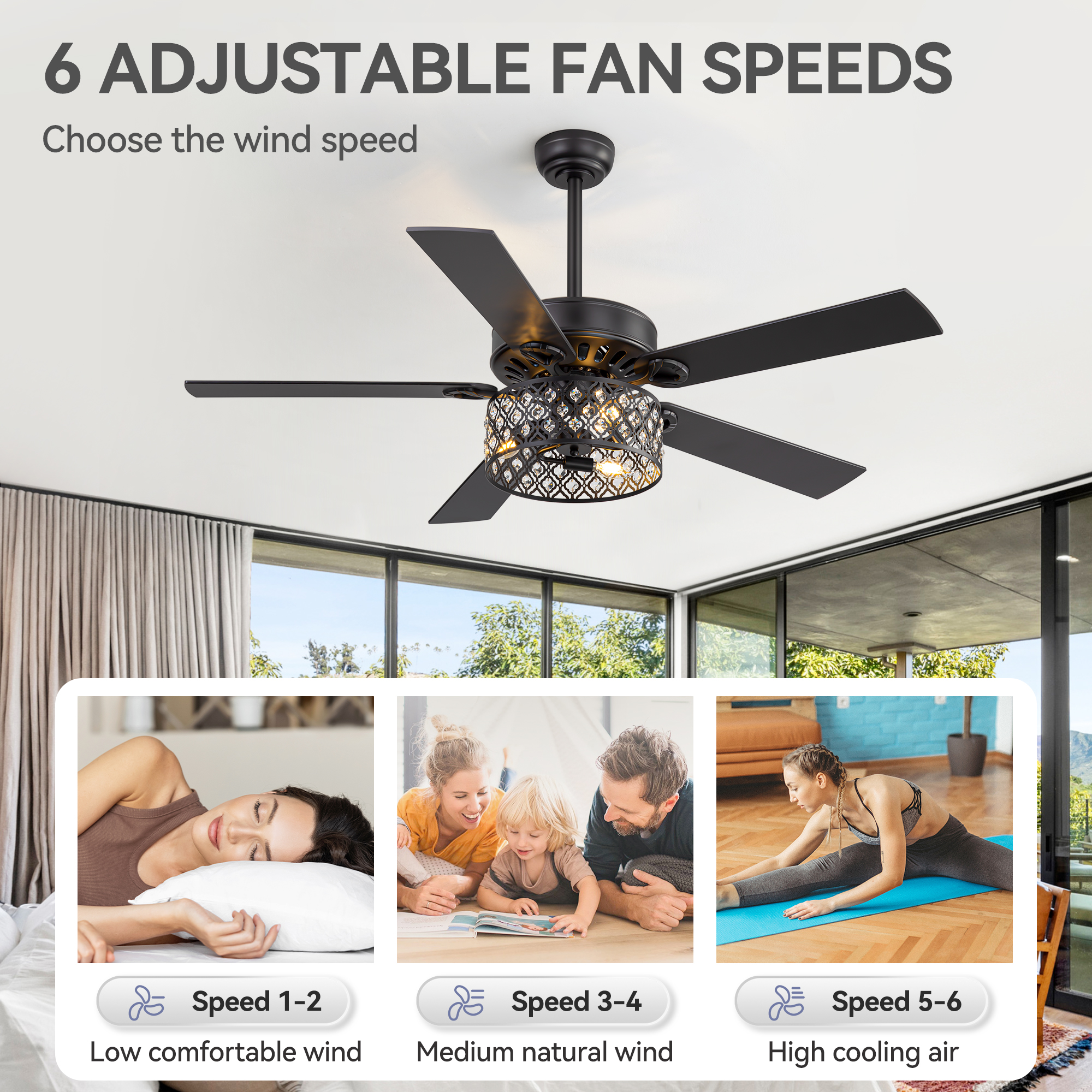 ALKAFY 52 inch Traditional Black Ceiling Fan with Light & Remote - Reversible Blades for Bedroom/Living/Dining
