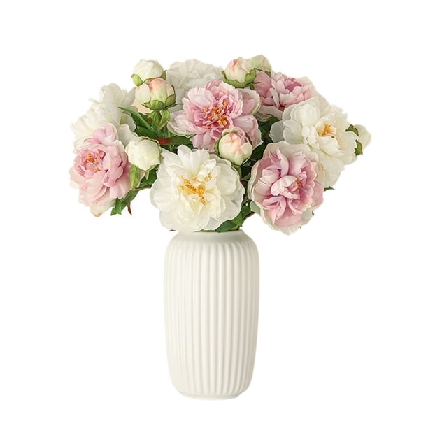 Peonía de caramelo blanco y morado con jarrón de cerámica, arreglo floral decorativo for sala de estar.
