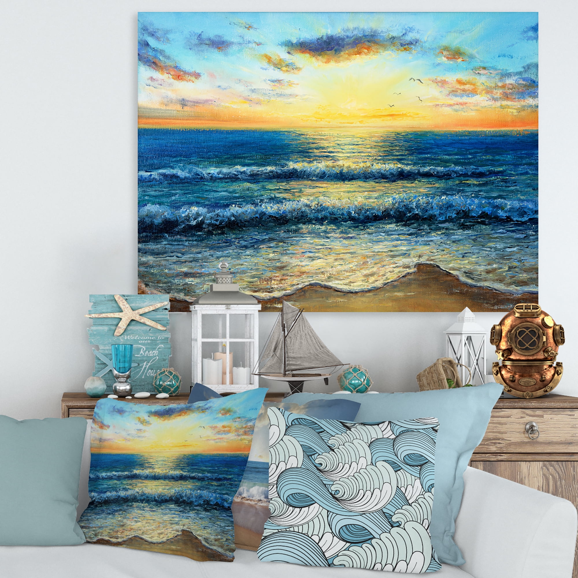 Designart ' Sunrise Glow On The Ocean Waves I ' Nautical & Coastal Canvas Wall Art Print