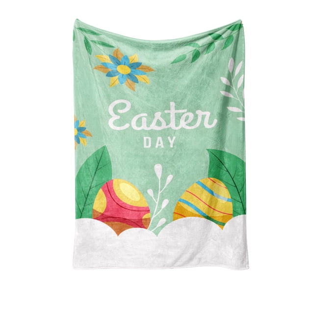 Flannel Blanket For Bed And Car With Easter Egg Bunny Pattern 31.5 in x 47.24 in Multicolor Polyester