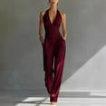 thumbnail image 2 of Miluxas Women's Halter 2 Piece Set Sleeveless Ruched Crop Top & High Waist Wide Leg Pants Outfit for Business Casual Wine, 2 of 5