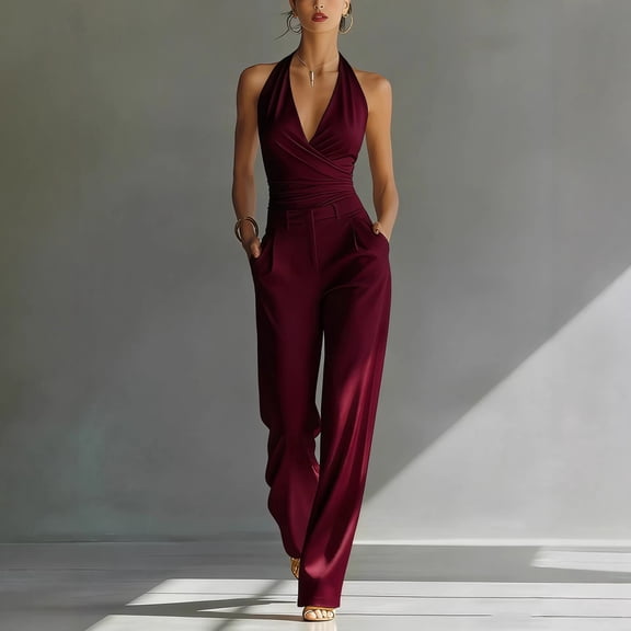 Xdegoge Halter Neck Jumpsuit for Women Backless V Neck Wide Leg Outfits High Waisted Dressy Long Pants Jumpsuits for Party Evening Wedding Guest Clubwear Fashion