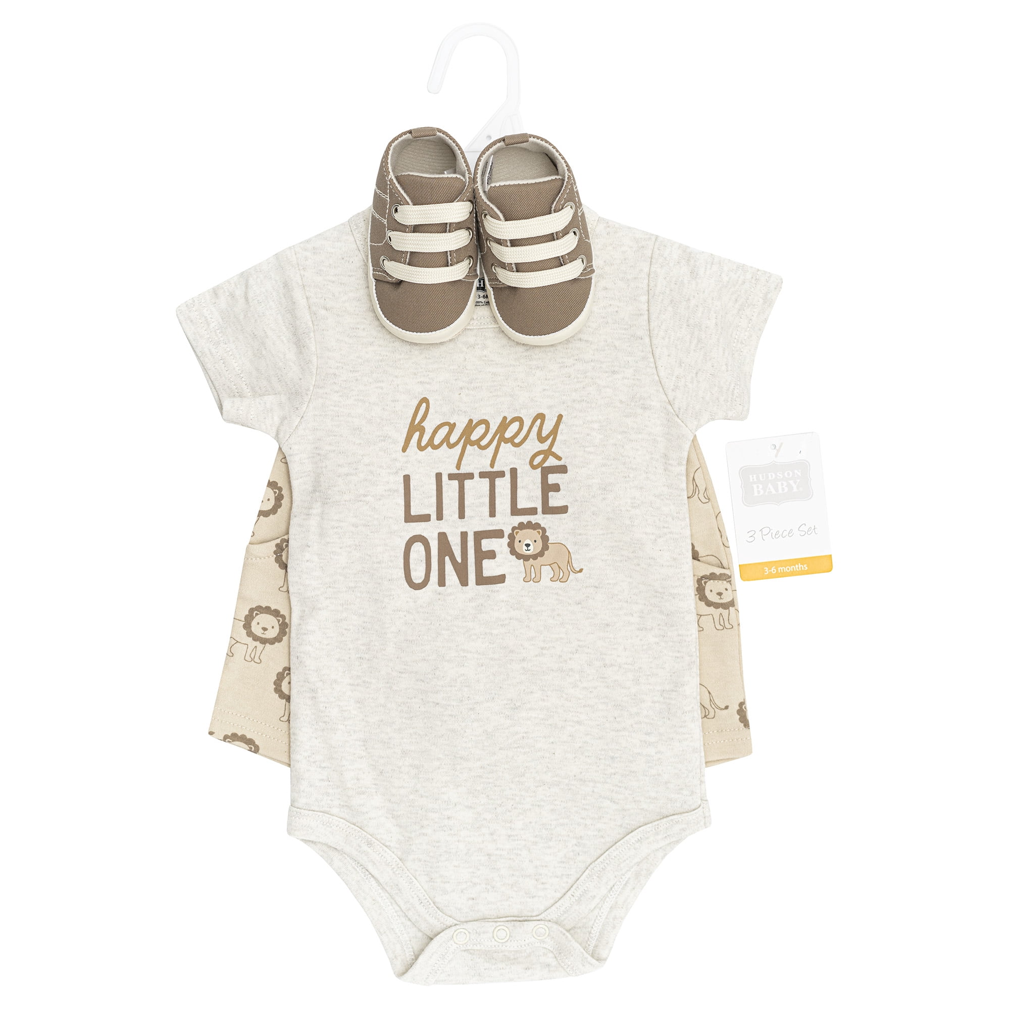 Hudson Baby Boy Cotton Bodysuit, Shorts and Shoe Set, Happy Little One Safari, 6-9 Months