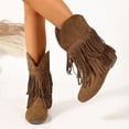 thumbnail image 6 of Mid Calf Boots for Women Suede Fringe Short Booties Round Toe Low Heel Casual Fall Winter Daily Shoes Brown 5.5, 6 of 8
