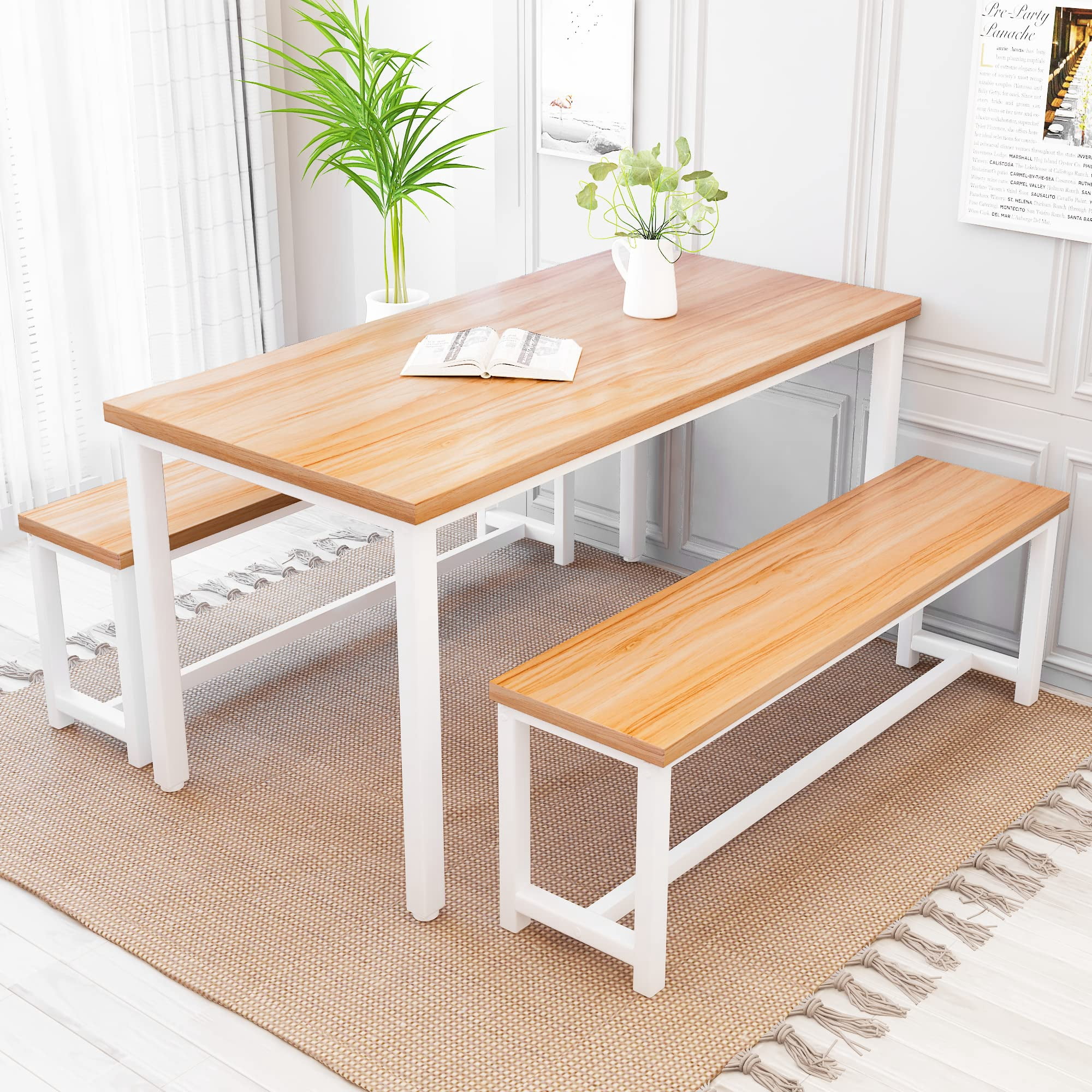 AWQM Dining Room Table Set, Kitchen Table Set with 2 Benches, Ideal for Home, Kitchen and Dining Room, Breakfast Table of 43.3x23.6x28.5 inches, Benches of 38.5x11.8x17.5 inches, Beige