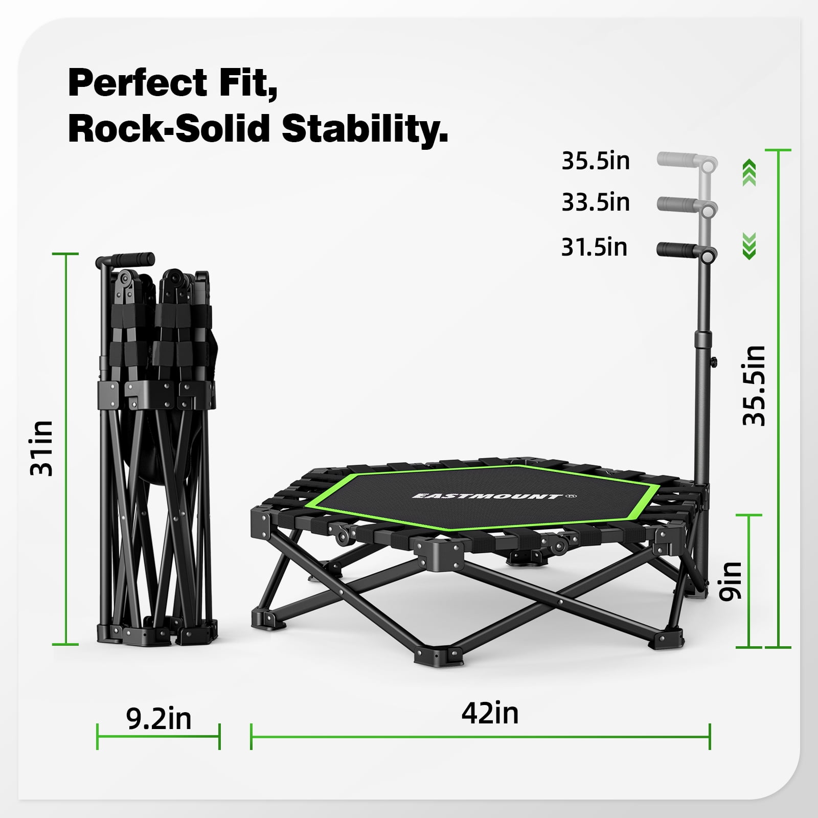 EAST MOUNT 42" Foldable Mini Trampoline for Adults, No Assembly Ultra Quiet Fitness Rebounder with Adjustable Handle, 450LBS Capacity Low Impact Exercise Trampoline for Home Gym Apartment