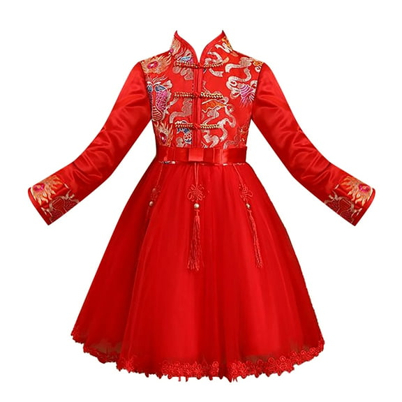 EnJoCho Girls Chinese Traditional New Year Dress 𝖥loral Embroidered Chinese Knot Tulle Dress Elegant Classic Outfits