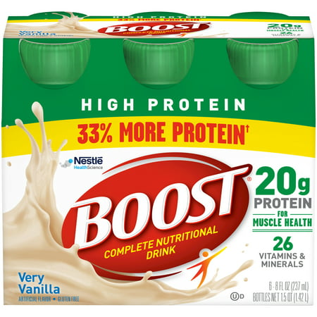 Boost High Protein Complete Nutritional Drink, Very Vanilla, 8 fl oz Bottle, 6