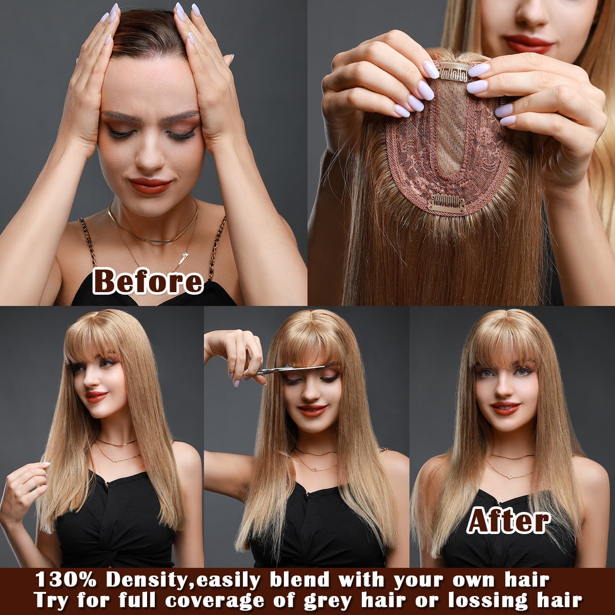 SEGO Clip in Hair Extensions Human Hair Toppers with Bangs 100% Real Human Hair for Thinning/Loss Hair Natural Black Hair Pieces