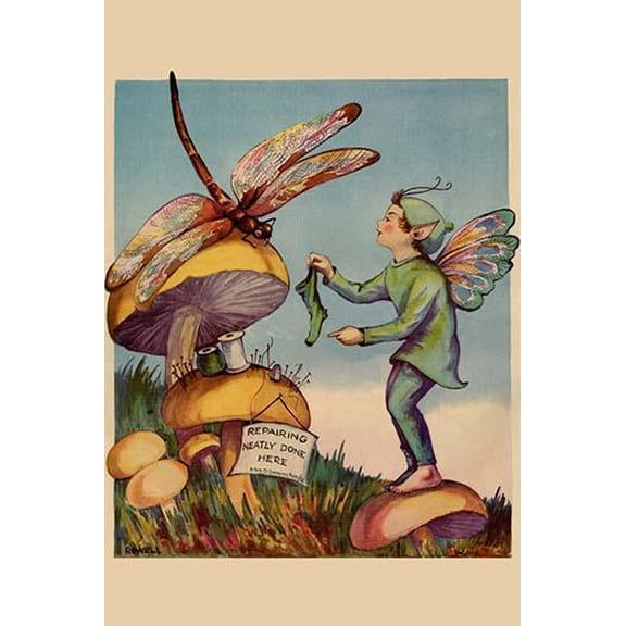 Sprite needs his socks darned by a dragonfly who is sitting on a mushroom- Fine Art Canvas Print (20" x 30")