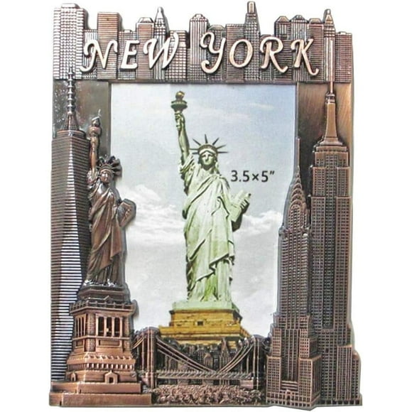 New Souvenir Metal Pewter Picture Frame with Statue of Empire State Building Freedom Tower NYC Skyline Fits 3.5x5 Photo