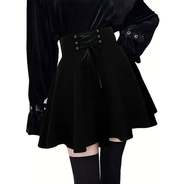 Minifalda gótica punk a cuadros para mujer - Cintura alta, plisada, corte en A, cordón decorativo, tallas S-XXL para cosplay y fiestas