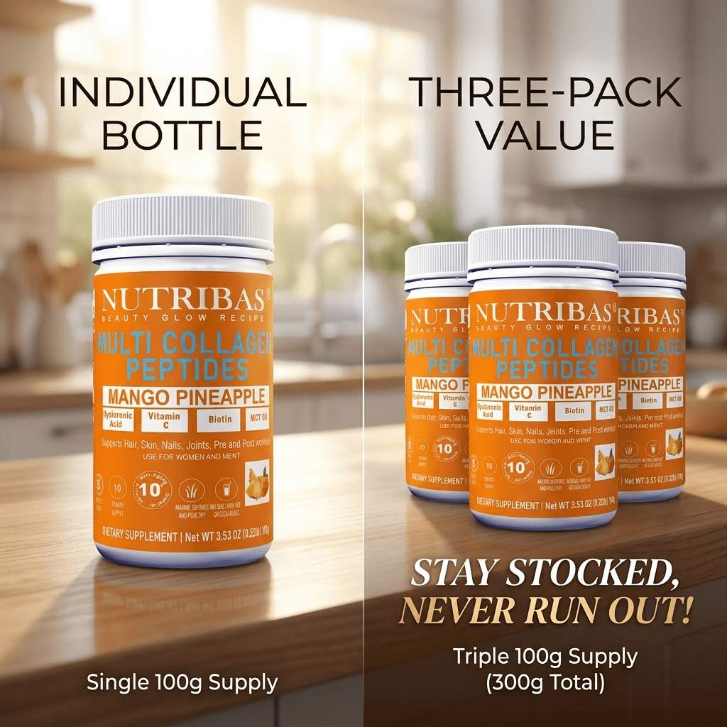 Nutribas Protein Multi Collagen Peptides Powder Supplement for Whole Body Support, Coffee Creamer with MCT & Vitamin C, Mango Pineapple, 3 Pack