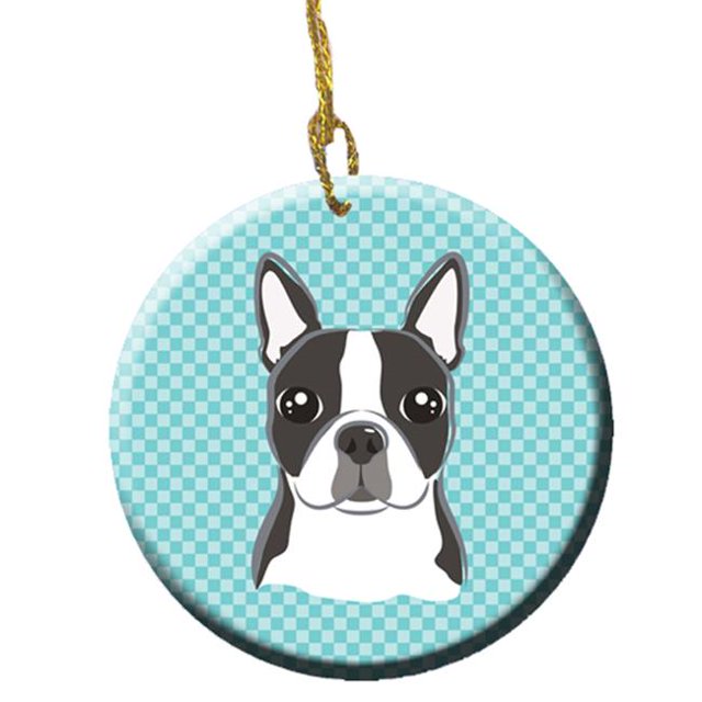 Damier Bleu Boston Terrier Ornement en Céramique, 2.81 Po.