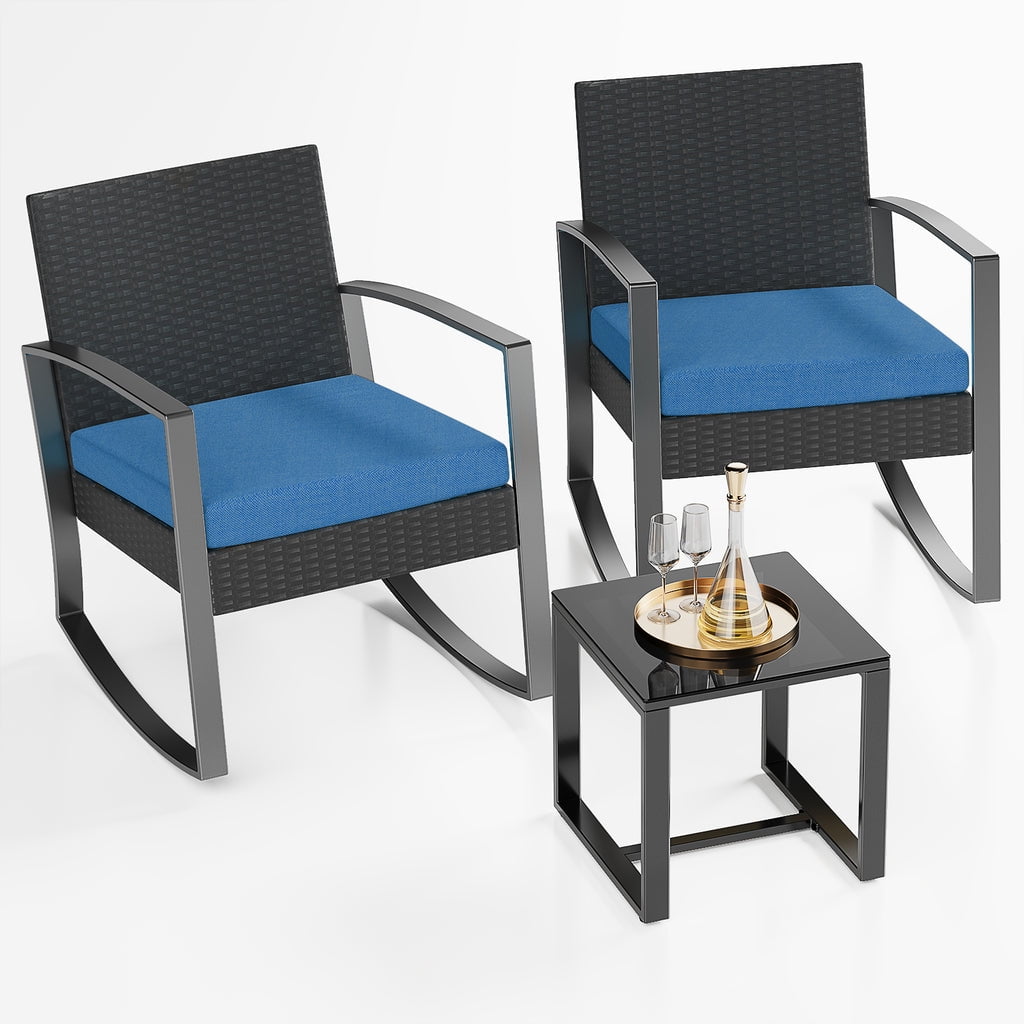 Aiho 3 Pieces Patio Furniture Set, Rocking Rattan Conversation Set with Glass Table and Cushions，Outdoor Chairs Set for Garden, balcony, Yard, Poolside - Blue