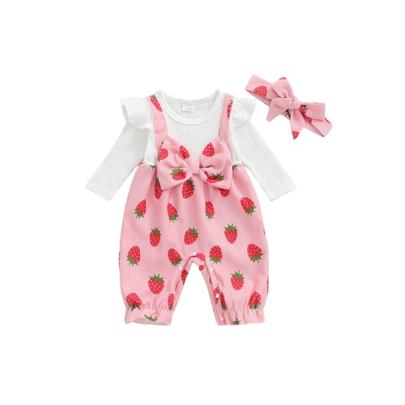 BemeyourBBs Newborn Baby Girl Spring Fall Winter Clothes Long Sleeve Romper One Piece Strawberry Print Fake Two Pieces Patchwork Jumpsuit Headband Cute Infant Outfits