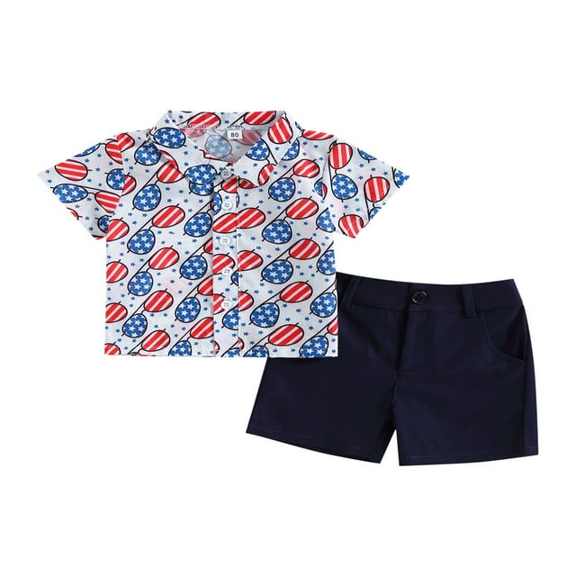 Vêtements d'Été pour Garçons Jour de l'Indépendance Ensemble de Hauts à Manches Courtes Col Rabattu et Shorts