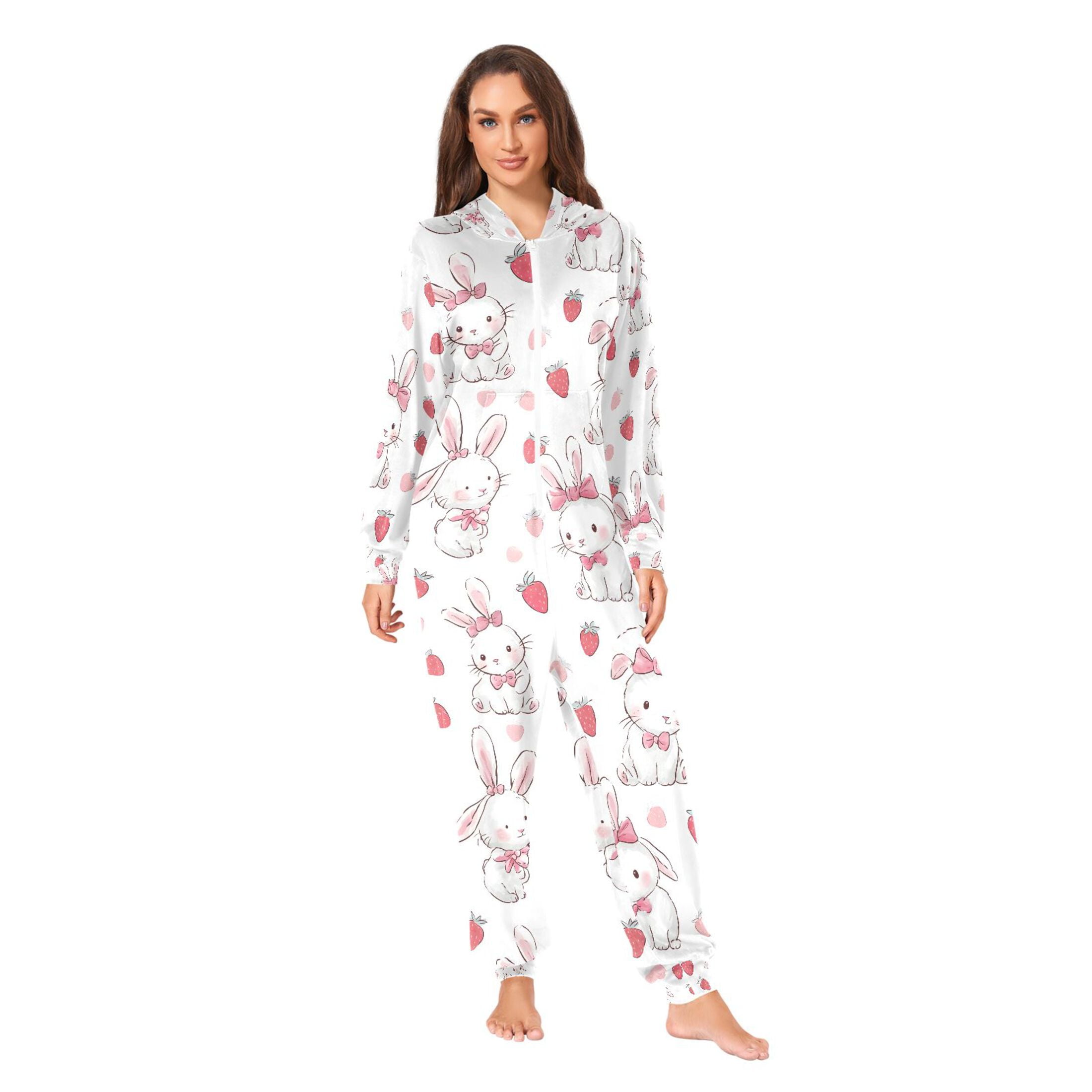 Adult Christmas Onesie Strawberry Rabbit Adult Zipper One-Piece Pajamas Unisex Pajamas with Pockets