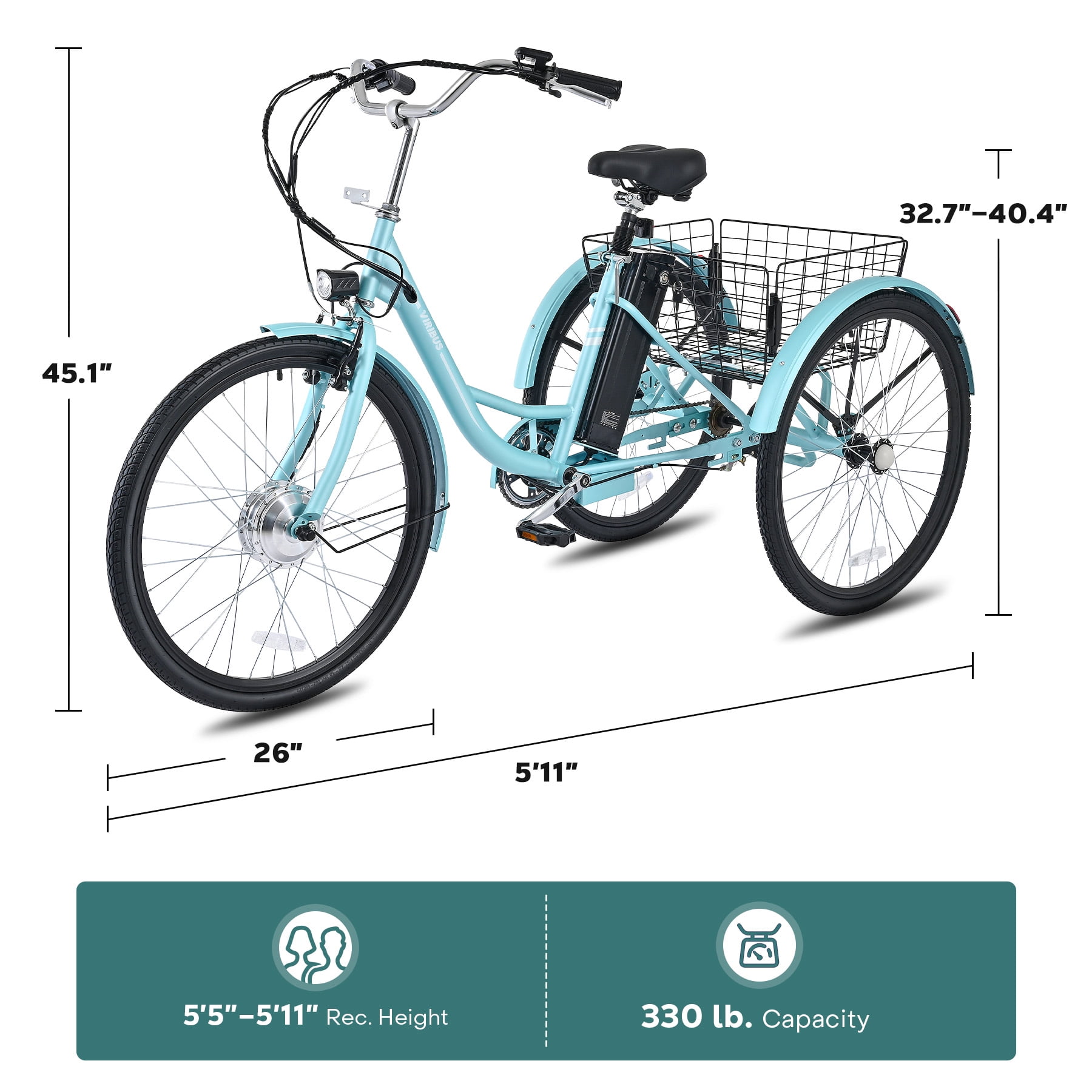 Viribus 26" Adult Electric Tricycle 250W Electric Trike with 36V 13Ah Battery UL 2271 Green