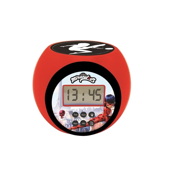 Lexibook - Miraculous Projector Alarm Clock with Snooze Function and Alarm Function, Night Light with Timer, LCD Screen, Battery Operated, Red / Black