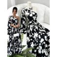 thumbnail image 6 of Black And White Floral One-Shoulder Pleated Maxi Dress With Puff Sleeve, 6 of 8