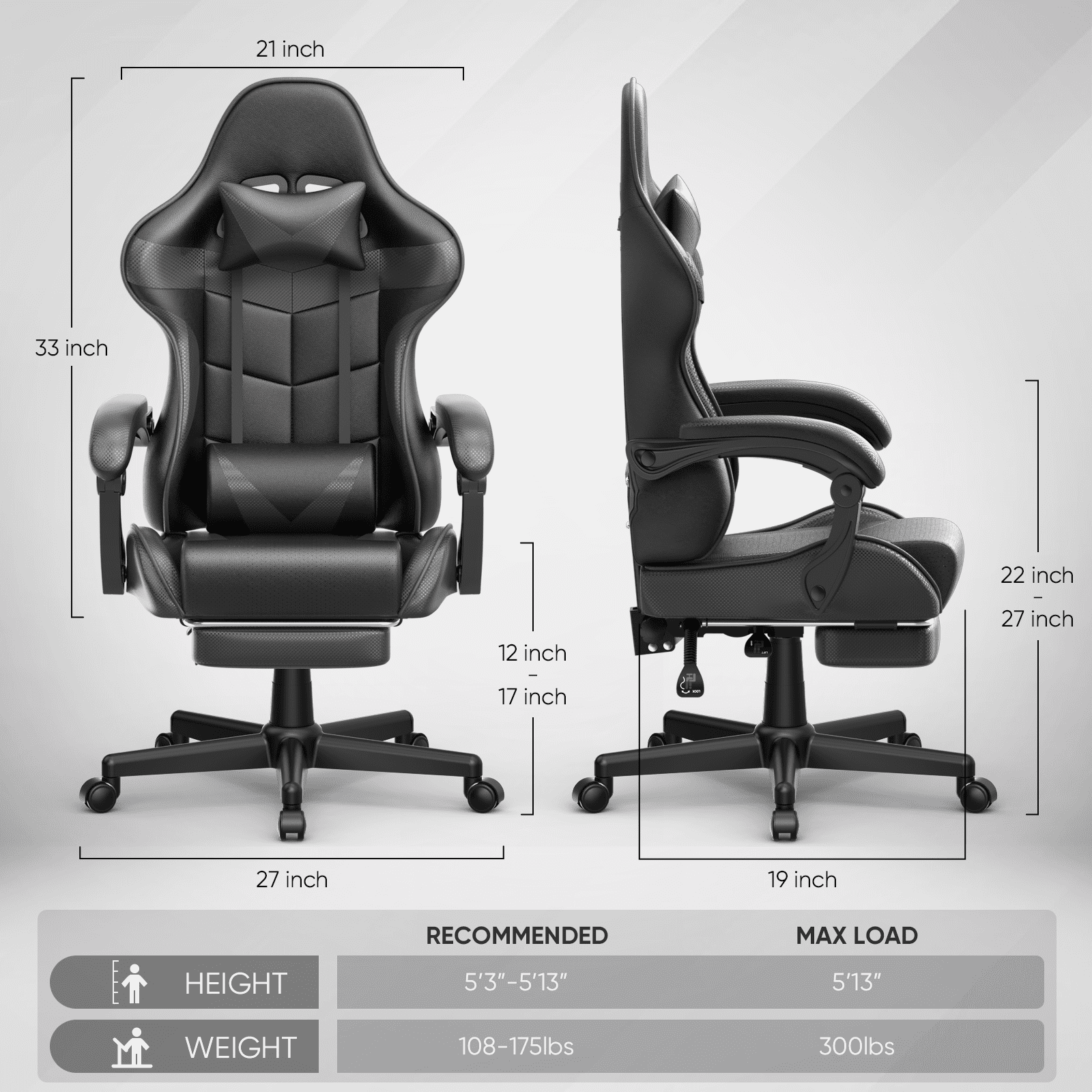 Huracan Gaming Chair with Footrest, Adjustable Height Computer Office Chair with Massage Lumbar Pillow&Headrest, Ergonomic High Back Leather Gamer Game Desk Chair for Adults,Black