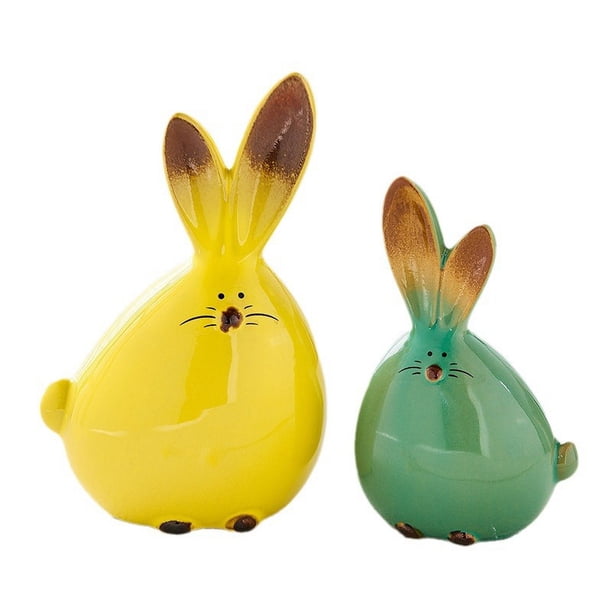 2 piezas de adornos de conejo de cerámica Figuras en miniatura Decoración de conejito de Pascua Decoración de habitación Conejitos de cerámica Decoración del hogar Animal Conejo