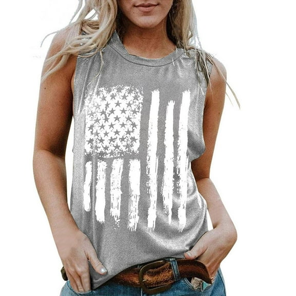 OAVQHLG3B Patriotic Shirts 4th of July Outfits for Women American Flag T Shirt Summer Tops for Women Casual Loose Round Neck Sleeveless Tank Tops