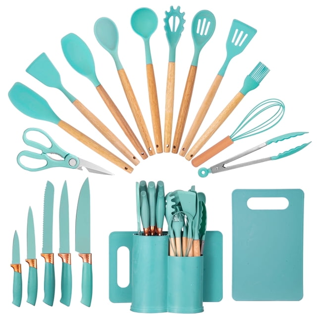 HEESEM 19pcs Silicone Kitchen Utensil Set, Heat-Resistant Non-Stick Easy Cooking Cleaning Home Green