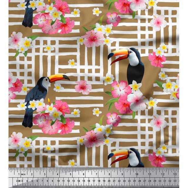 Soimoi Brown Polyester Crepe Fabric Floral & Toucan Bird Decor Fabric Printed BTY 52 Inch Wide