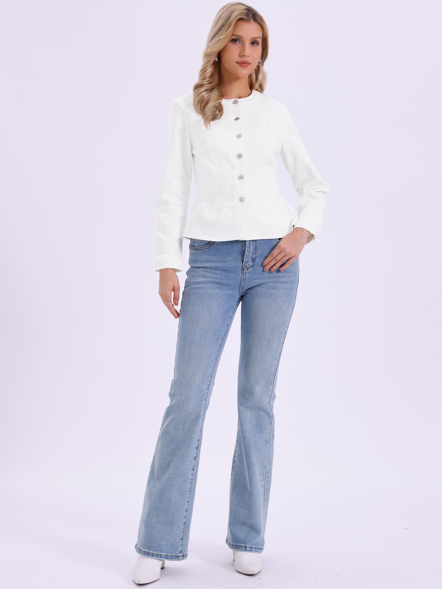 DARING DIVA Women's Peplum Hem Button Down Collarless Jean Jacket L White