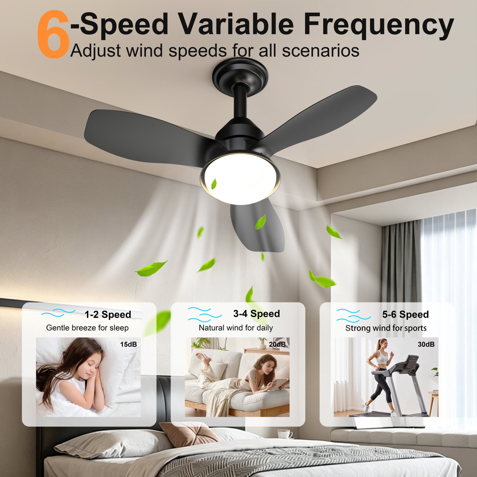 Leumius 24.4" Black Ceiling Fan with Light, 3 Blades, 6-Speed Reversible Quiet DC Motor, Dimmable LED, APP & Remote Control, Flush Mount for Bedroom Living Room Covered Patio