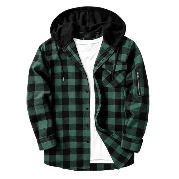 XUNKUSGA Men's Plaid Shirts Jacket with Hood Casual Long Sleeve Button Down Mens Flannel Hoodie Shirts Soft Cotton Hoodies for Men with Flat Pockets,S
