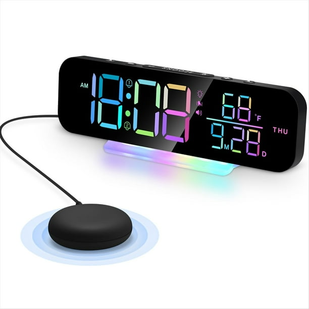 Reloj Vibratorio con Alarma Súper Fuerte y Vibrador Que Hace Temblar la Cama. Varios Modos de Visualización con Colorida Luz LED RGB