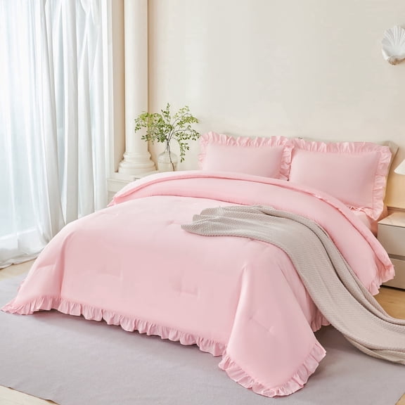 URBONUR Twin Comforter Set Pink-5 Pieces Ruffle Bed in A Bag with Sheets Lightweight Farmhouse Bedding Sets for Teens(Pink Twin)