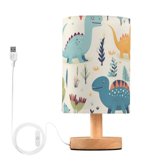 Dinosaurs Trees Leaves Flowers Table Lamp USB Bedside Desk Nightstand Lamp Printed Gifts Small Lamp Wood Base for Bedroom Living Room Kids Room College Dorm