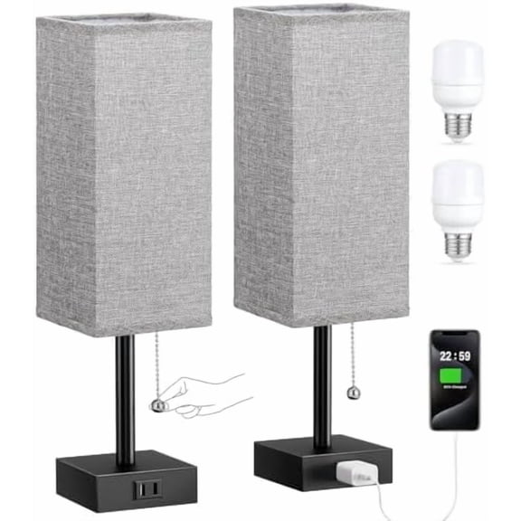 Grey Bedside Lamps for Bedroom Set of 2 - Small Nightstand Lamp with AC Outlet Charging Port, 3 Color Temperatures Rectangular Desk Light with Bulb, Tabletop Reading Lamp for Living Room/Dorm/Office