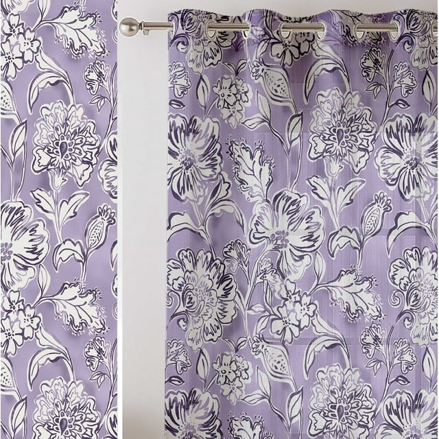 Vargottam Purple Floral Pattern Extra Long Sheer Curtains for Double Height Windows & Doors - Set of 2 Panels, 108", Grommet Top, Light Filtering Printed Georgette Drapes
