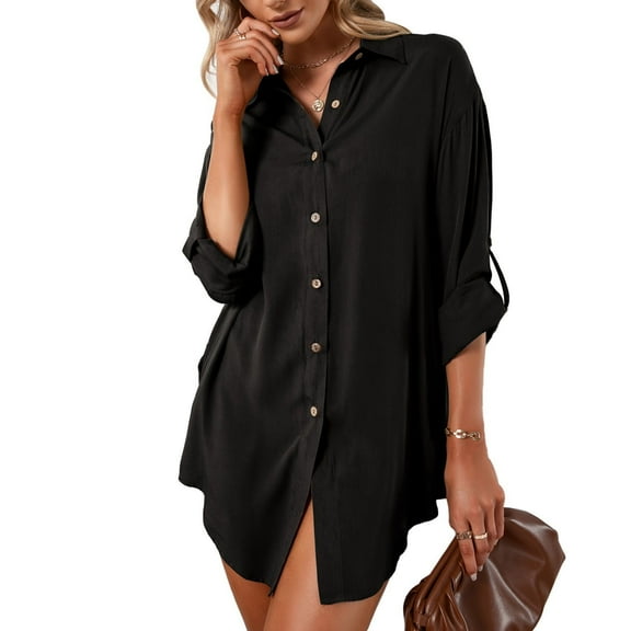 Defitshape Women's Button Down Shirts Long Sleeve Top Soft Long Tunics Fall Casual Spring Basic Button Up Shirt Black XX-Large