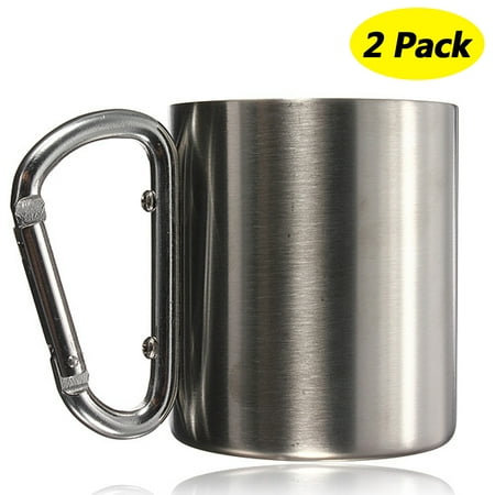 Double Walled Cups - 2-Pack 220ML Stainless Steel Coffee Mug Outdoor Camping Cup Carabiner Hook Double Wall For Camping Hiking
